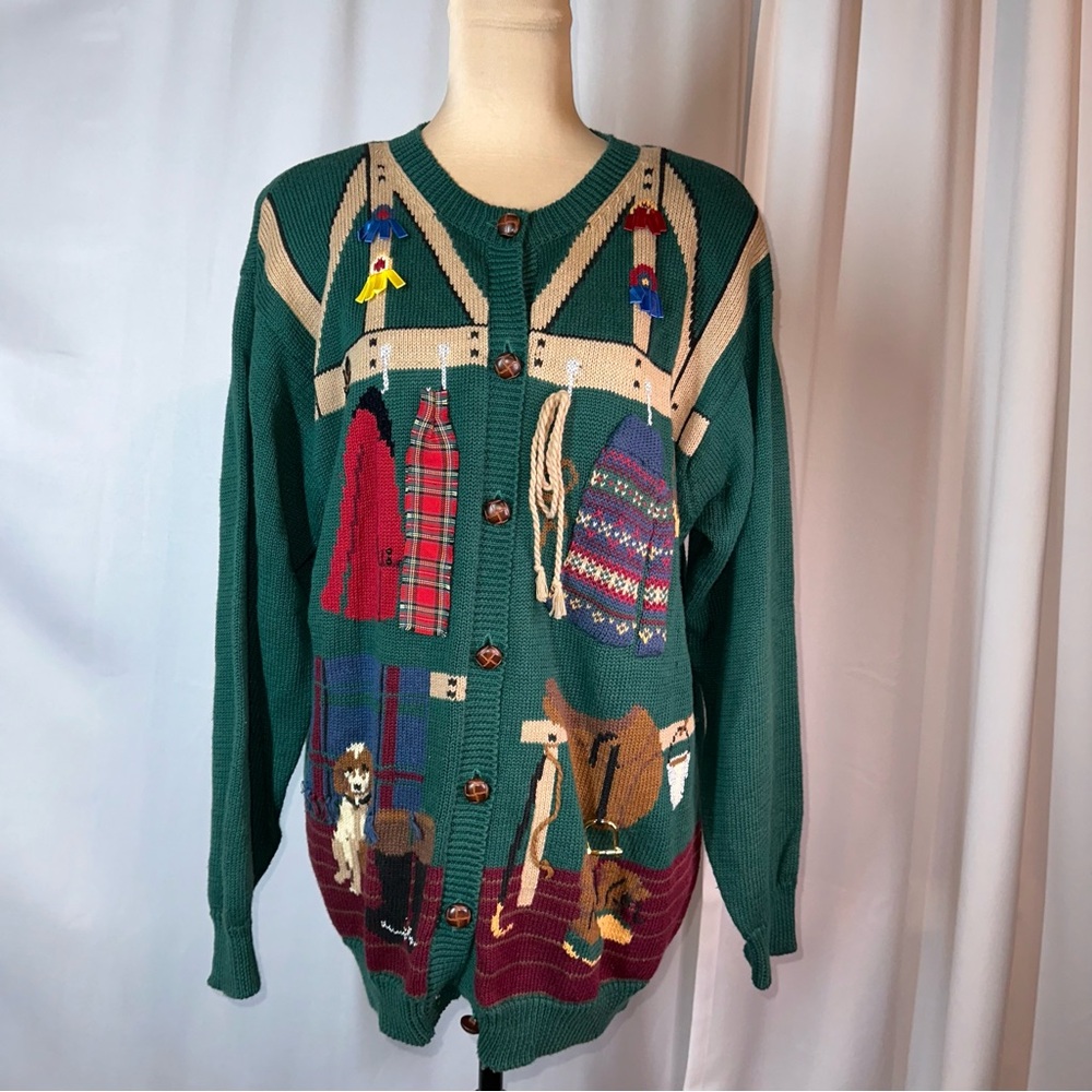 Vtg 90s Susan Bristol Sweater Women’s L  Embroidered Knit Equestrian‎ Horse Dog